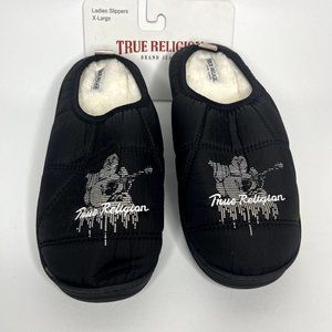 True Religion Brand Jeans Ladies Slippers Sz XL Buddha Logo Black Soft New